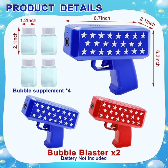 iGeekid 2 Pack Bubbles Guns Toys 4th of July Party Favors, 4th of July Accessories Patriotic Bubbles Makers with 4 Bubble Solutions & Star for Kids Independence Day 250th Anniversary Party Decorations