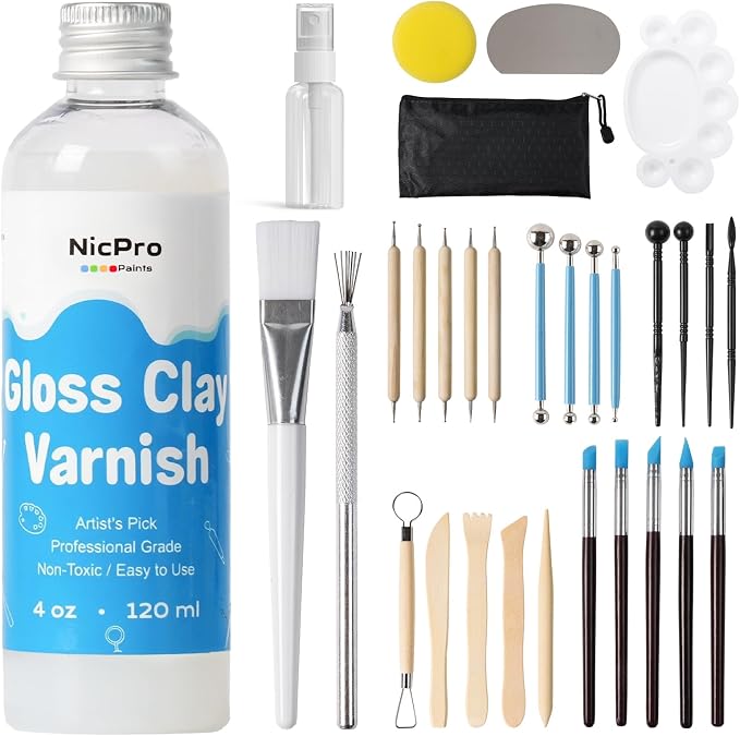 Nicpro 120ml Air Dry Clay Glaze and 32 PCS Clay Tools Kit, A Gloss Varnish Protects Clay from Surface Wear, Pottery Tools Can be Used for Stippling, Carving, Molding, and Shaping Crafts