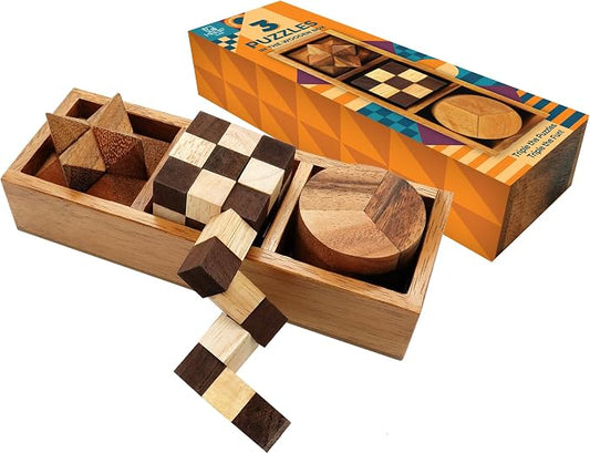 BSIRI 3 Puzzles in a Box - Wooden Brain Teaser Puzzle, 3D Mind Puzzle for Adults, Educational Senior Games, and Brain Games, Ideal for Birthday Gifts and Patio Décor