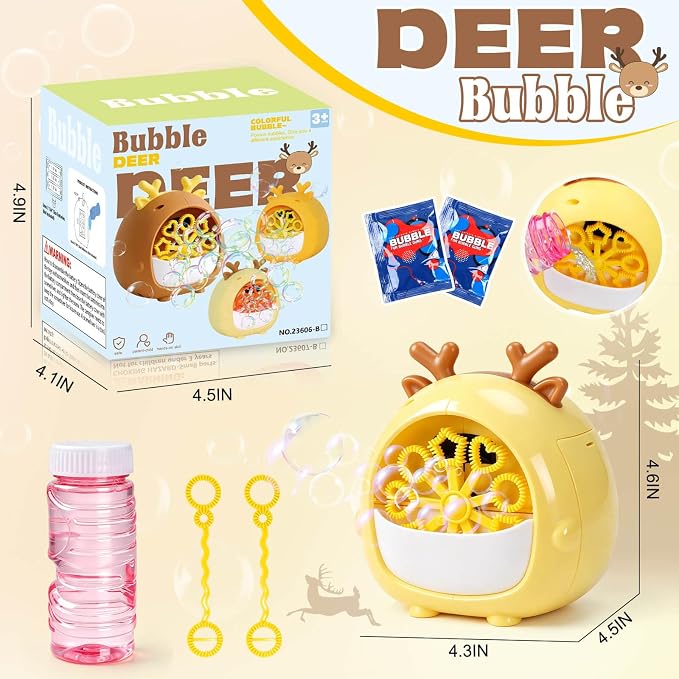JONEG Bubble Machine Toys for Kids 3-8 Years Old - Bubble Blower Maker with Solutions, Outdoor Toy, Birthday Gift for 3 4 5 6 7 8 Year Old Girls Boys Toddlers (Deer-Yellow)
