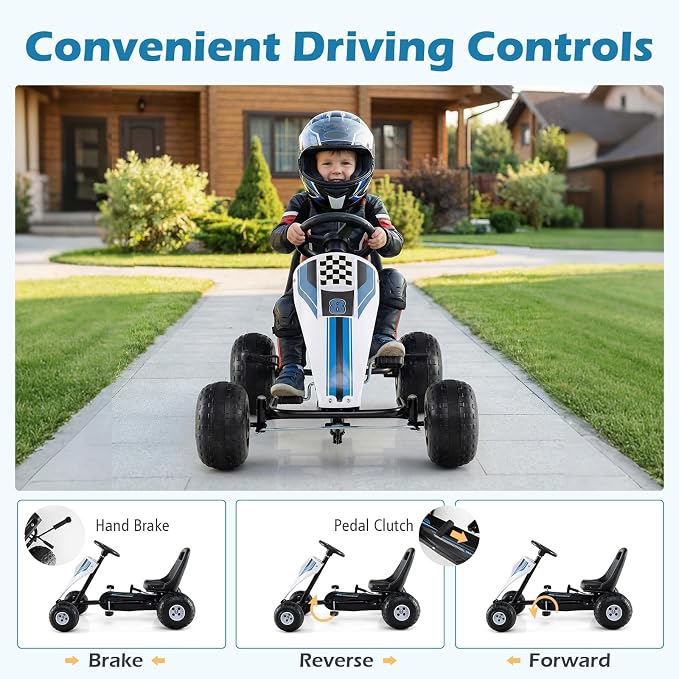 Costzon Pedal Go Kart, 4 Wheel Ride on Toy Pedal Car with Adjustable Seat, Handbrake, Free-Wheel & Pedal Modes, Outdoor Bicycle Go Cart with Wear-Resistant Wheels, Gift for Boys and Girls (White)
