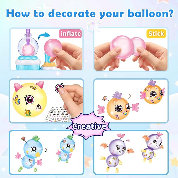 BTEC 195PCS Princess Blue DIY Balloon Animals Craft Kit with Pump, DIY Sticky Balloon Maker Toy with Bouncy Balloons & 3D Stickers & Accessories, Christmas Birthday Gifts for Kids Boys Girls Ages 3+