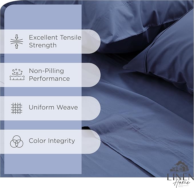 Linen Home 2-Pack King Sheet Set, 100% Cotton Percale Bedding, 8-Piece Value Bundle, Deep Pocket Cooling Bed Sheets for Hot Sleepers, Breathable & Crisp Hotel Quality, Long-Staple Cotton, Dark Blue