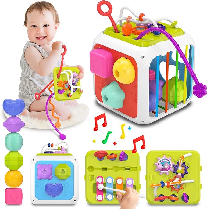 kecristv Montessori Toys for Toddler Girls Boys, Baby Sorter Learning Sensory Activity Cube, Toddler Girl Boy Easter Basket Stuffers Birthday Gifts, Baby Toys 18+ Months