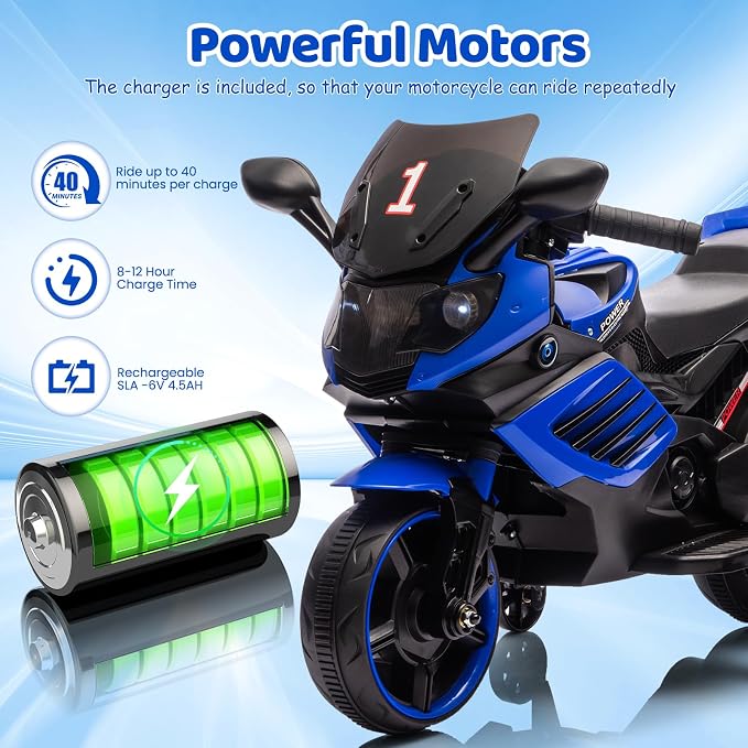 Garvee Kids 6V Ride On Motorcycle, Battery Powered Ride On Toys w/Treaded Tires, Working Headlight, Horn, Music, Training Wheels, Stable Electric Toddler Motorcycle for Kids, Gift for Boys Girls, Blue