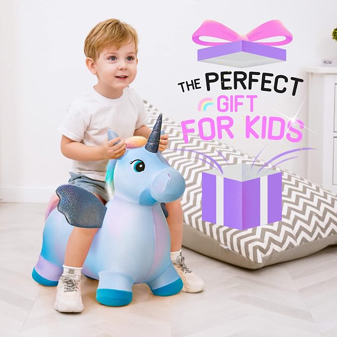 Unicorn Horse Hopper, Inflatable Plush Animal Hopping Toy, Bouncing Riding Hopper for Toddlers, Outdoor Indoor Jumping Toys for Boys Girls, Birthday Gifts for 18 Month 2 3 4 5 W/Free Pump