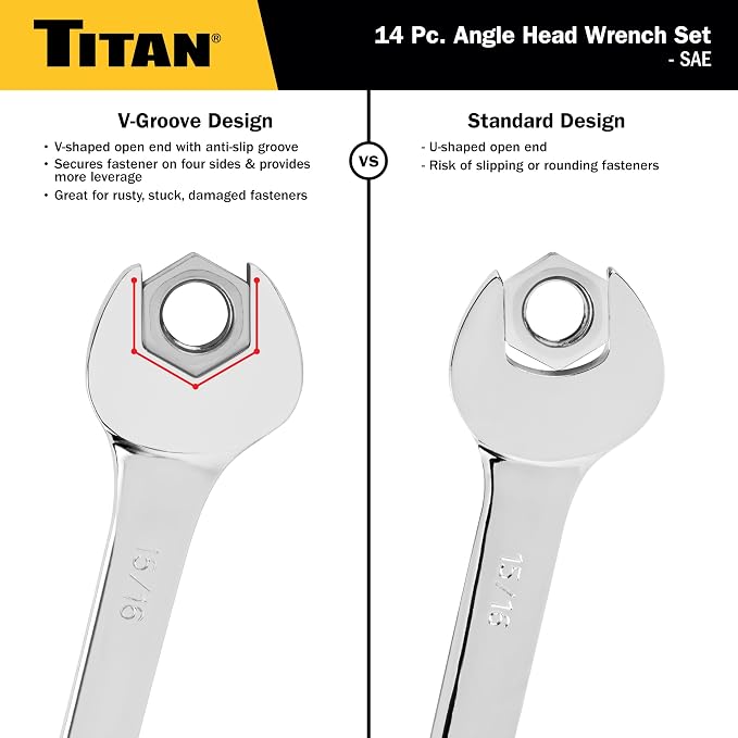 Titan 17283 14-Piece SAE Angle Head Open End Wrench Set, Sizes from 3/8" to 1-1/4", V-Groove Design, Chrome Vanadium Steel Construction