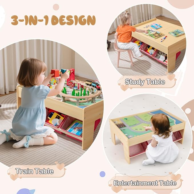 Costzon Train Table, 3-in-1 Wooden Activity Table W/ 3 Storage Bins, Reversible 94 PCS Track Train Toys & Table Map for Building, Playing, Studying, Eating, Kids Train Set Table for Boys Girls Aged 3+