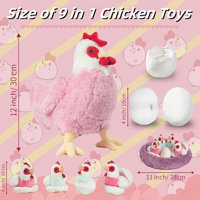 Youthfuljive 9 in 1 Chicken Stuffed Animal Set, Stuffed Chicken Plush Toy Egg Laying Hen with Zipper and Baby Chicks Toy Chickens Eggs and Chicken Coop Toys for Kids Toddler Birthday Farm Decor