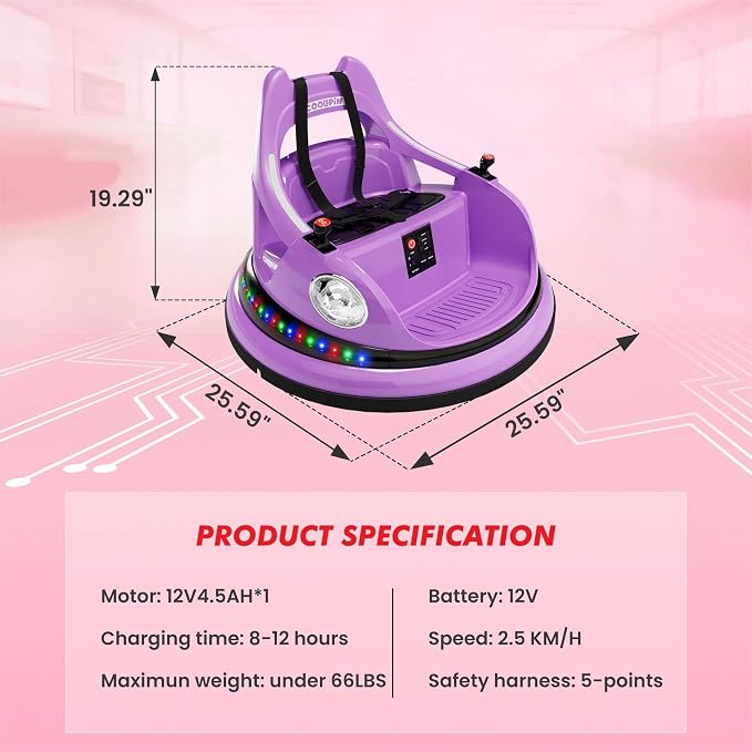 Bumper Car for Kids, 12V Ride on Bumper Car for Toddler with Remote Control, 2-Speed, 2 Driving Modes, 360°Spin, Anti-Collision Padding, Lights, Music, Electric Bumping Car for Children 1.5-6, Purple