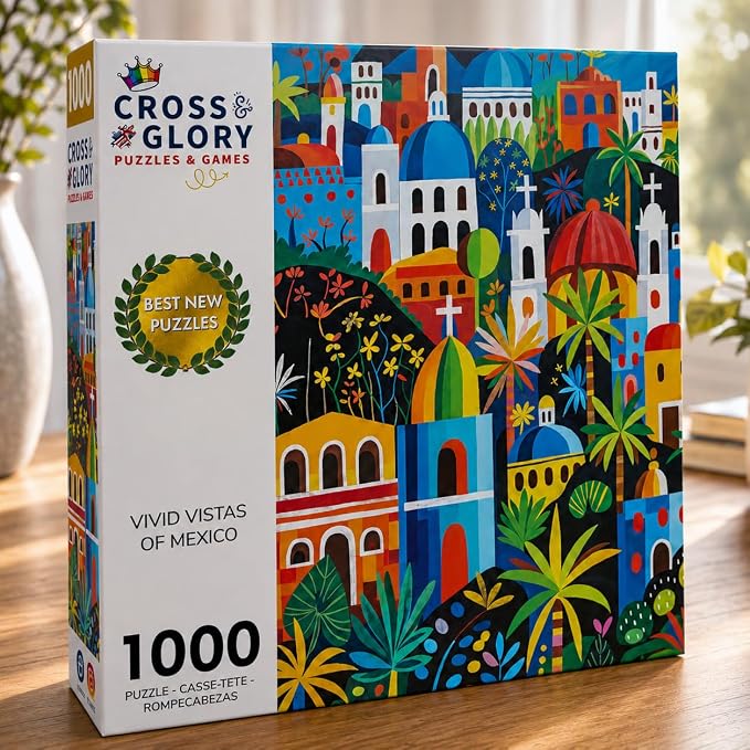 Cross & Glory - Vivid Vistas of Mexico - 1000 Piece Jigsaw Puzzle for Adults | Vibrant Folk Art Puzzle | Best New Mexican City Puzzle | Eco-Friendly & Challenging
