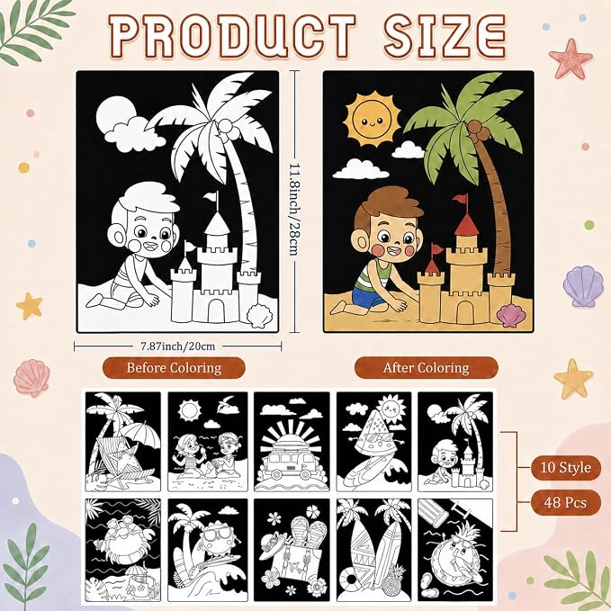 Cinrobiye 48 Pcs Summer Velvet Coloring Posters Bulk Tropical Beach Fuzzy Coloring Pages Craft Kit with Ocean Pineapple Sunshine Designs for Classroom Group Activities Living Party Favors Holiday