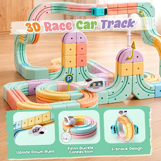 Hot Bee Electric Train Set for Kids, Gravity-Defying 3D Train Track Set with 134PCS Flexible Snap-On Tracks, USB Rechargeable Motorized Car, STEM Building Toy Birthday Gifts for Boys Girls 3 4 5 6 7 8