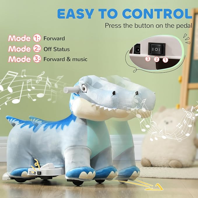 Qaba 6V Kids Ride on Horse, Battery Powered Ride on Toy, Tyrannosaurus Shaped Electric Riding Animal with Music Forward, PU Wheels, for Girls Boys Aged 18-36 Months, Green