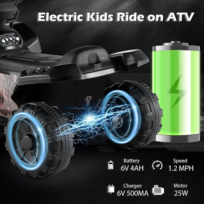 Costzon Kids ATV, 6V Battery Powered Electric Vehicle Four Wheeler Quad w/Storage Basket, Headlight, Horn, Music, MP3 & USB, Toddler 4 Wheeler Ride on Car Toy for Boys Girls 18-36 Months (Black+Camo)