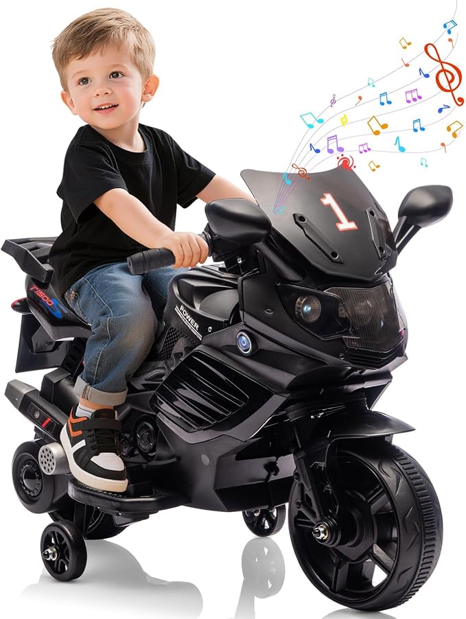 GarveeLife 6V Kids Motorcycle, Electric Ride On Car Toy with Training Wheels, Working Headlight, Horn & Music, Battery Powered Ride On Motorcycle Toy for Toddler Kids Boys Girls Ages 3-5, Black