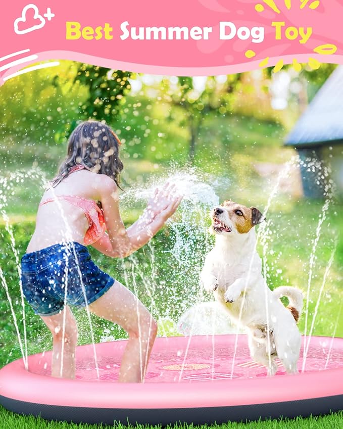 Peteast Anti-Slip Pink Donut Print Splash Pad for Kids and Dogs 0.58 mm Thicken Sprinkler Dog Pool for Summer Outdoor Water Toys - Fun Backyard Play Mat for Children and Pets (Pink 67in)