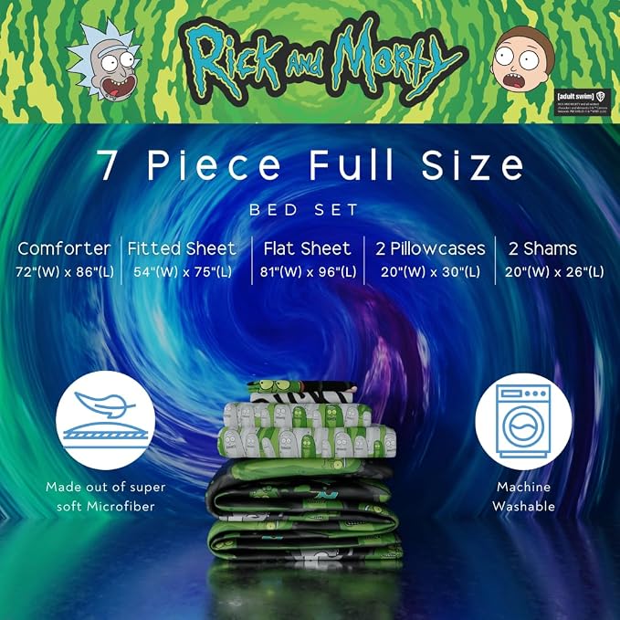 Rick & Morty Bedding 7 Piece Super Soft Cozy Reversible Comforter and Sheet Set with Sham, Full, (Officially Licensed Product) By Franco