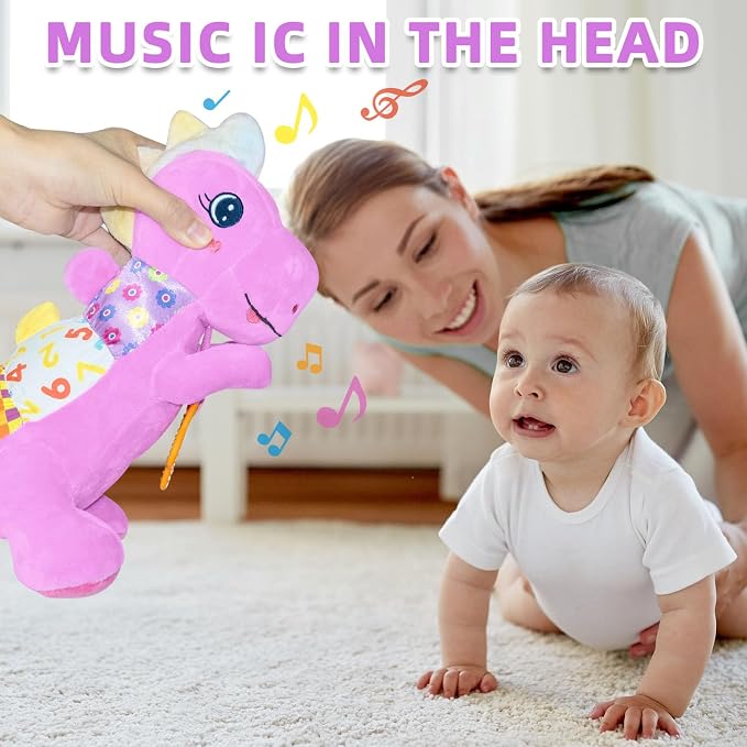 Baby Dino Musical Stuffed Animal Toys for 0-3-6-9-12 Months，Infant Dinosaur Tummy Time Toys with Crinkle Sound Paper,Teether，Textures & Rattles for Newborn Boys Girls Birthday Gifts，Purple