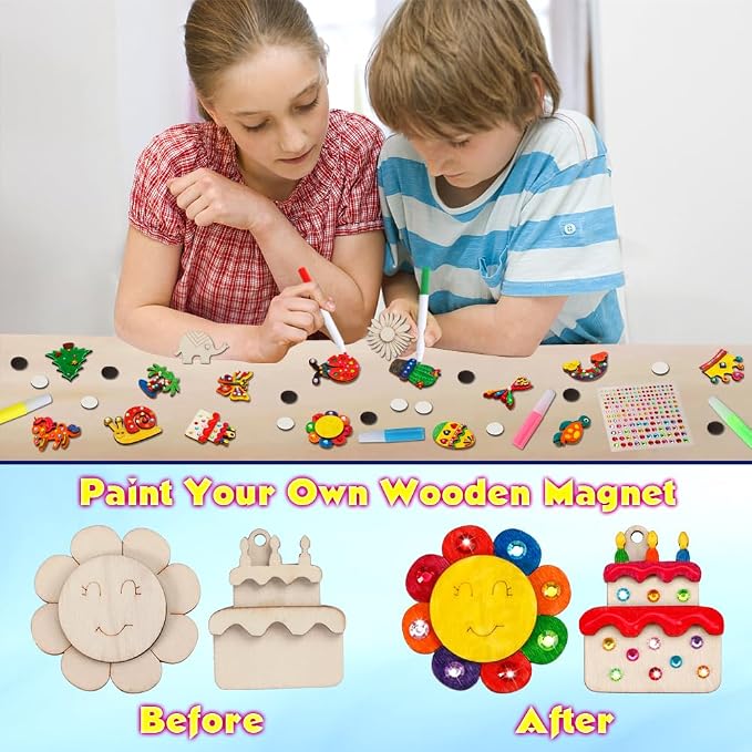 GWAHSA 30pcs DIY Wooden Magnets, Glow in The Dark Wooden Art Craft Supplies Painting Kit for Kids Activities Party Favors for Boys Girls Ages 4-8 8-12 Birthday Gifts Toys Pinata Goodie Bags Stuffers