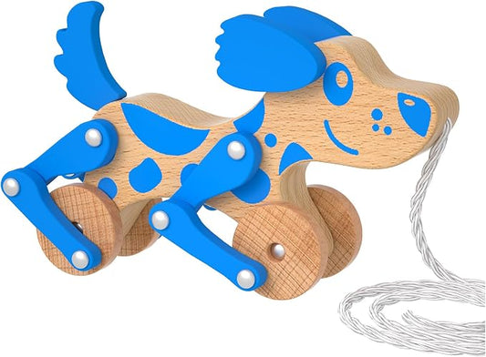 Montessori Toys 1 2 3 4 Years Old Boys Girls Wooden Walking Pull Dog Toy for Baby Toddler, Pull Along Walking Toys, Walk Along Puppy Pull, Wooden Pull & Push Toy (Blue)