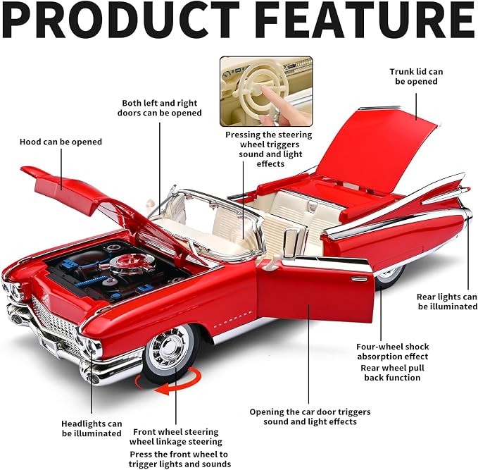 RZAPE Toy Car Models 1/24 Diecast Cars Eldorado Metal Model Car Carros De Coleccion,Model Cars Kits for Adults and Boys,Pull Back Car with Lights and Sounds,Toy Cars for Boys Age 4-7（Red）