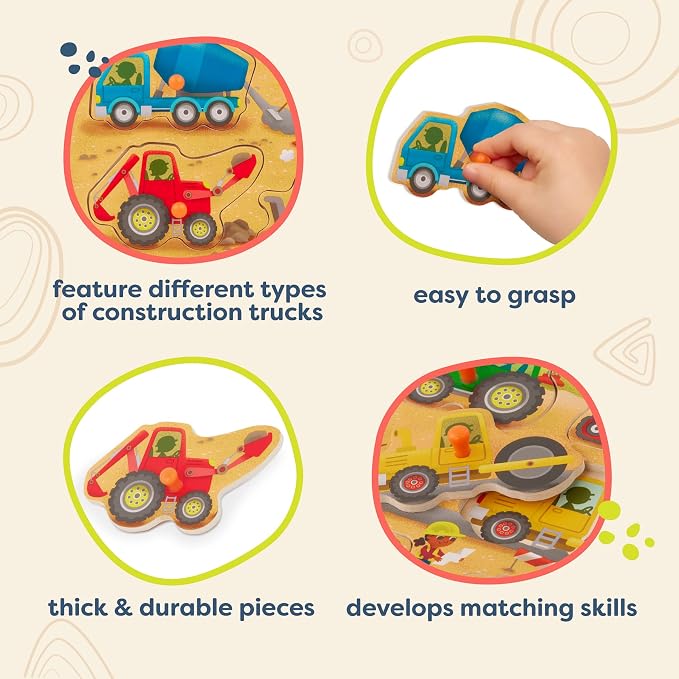 B. toys – Peek & Explore – Construction Trucks – Wooden Peg Puzzle – Peg Puzzle for Toddlers, Kids – 8 Construction Vehicle Pieces – Dump Truck, Cement Mixer, Excavator & More – 2+ Years
