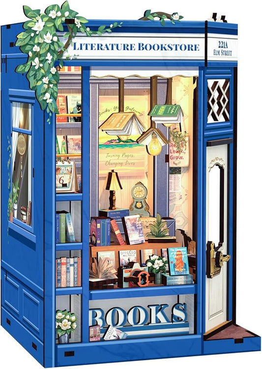 CUTEBEE DIY Book Nook Kit, Miniature House Kits for Adult and Teens, DIY Miniature Book Nook kit with Sensor Led Light, Gifts for Lovers and Family (Literature Bookstore)