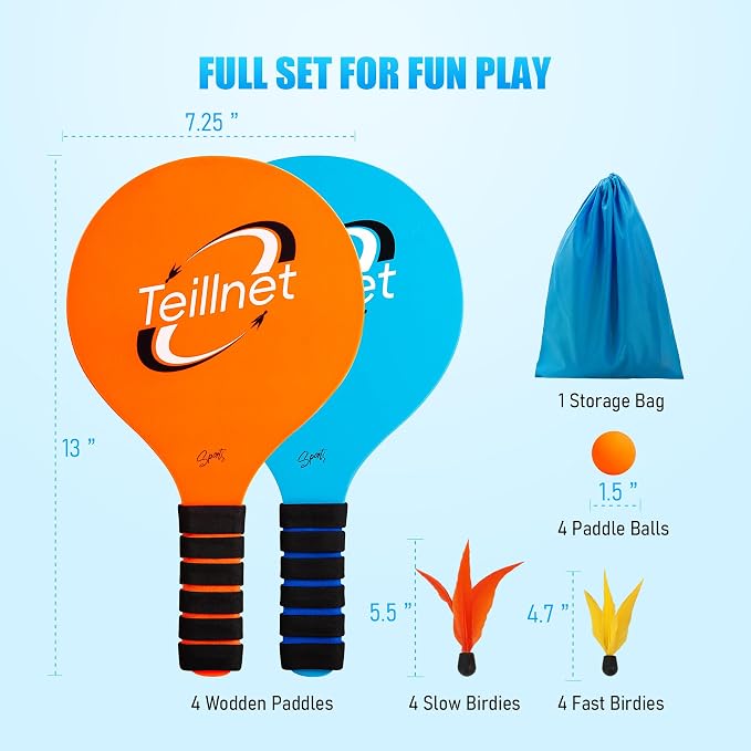 TEILLNET Beach Paddle Ball Set, Family Games for Kids and Adults, Badminton Set with 4 Rackets, Indoor Outdoor Sports Toys Lawn Camping Backyards Yard Games Summer Gifts for Boys Girls