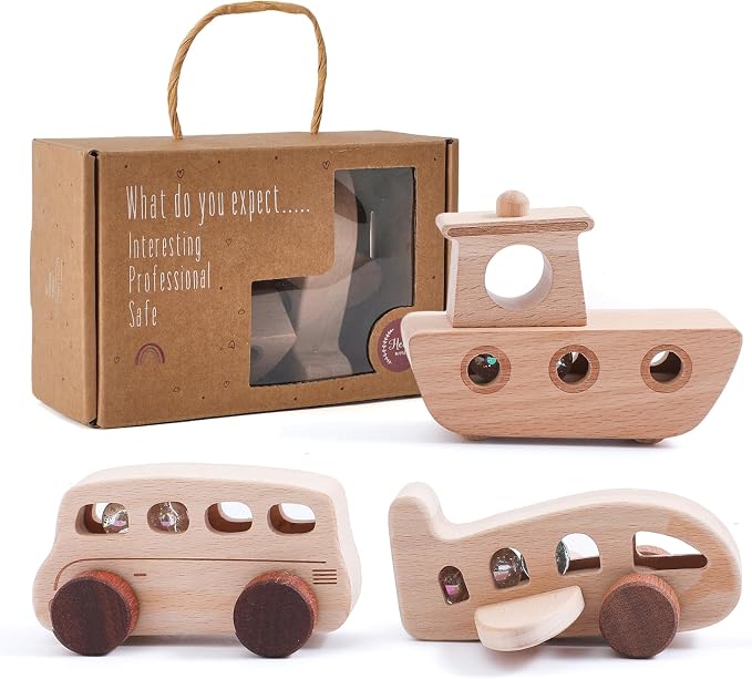 Wooden Cars for Toddlers 1-3, Wooden Vehicles Baby Cars Set with Bus, Airplane and Boat, Montessori Rattle Toys with Rolling Beads, Ideal for Boys and Girls