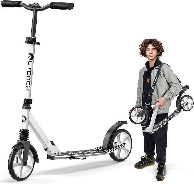 Outdoor Cruiser Kick Scooter for Ages 6+, For Kids, Teens, and Adults, Max Load 250 LBS, Foldable, 8-inch Wheels for Kids and Adults, Dual Suspension, 3 Adjustable Levels, Child Safety Approved, White