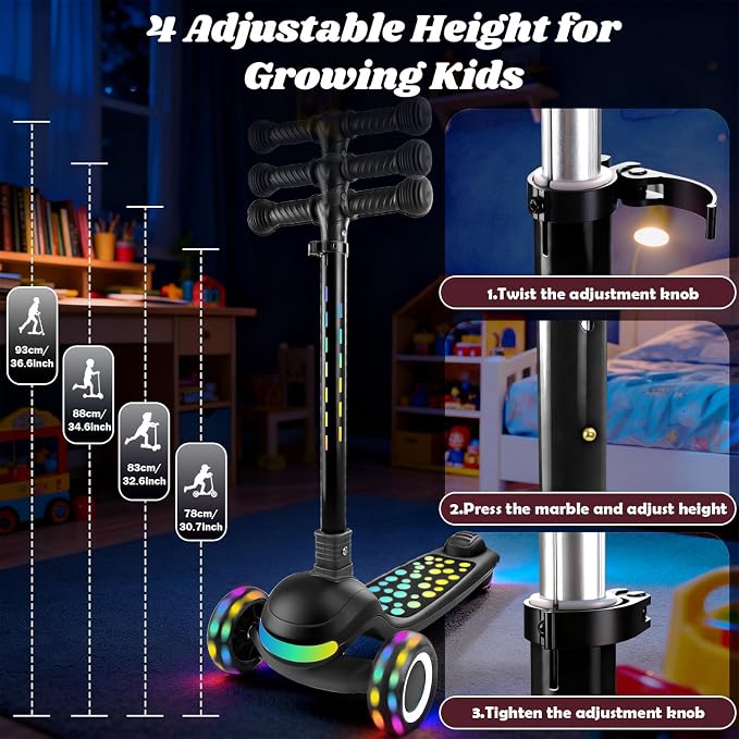 Light Up 3 Wheel Kick Scooter for Kids Toddlers with LED Sync Lights, Flashing Stem & Wide Polka Dot Deck Adjustable Height Music Function Safe Sturdy Folding Scooter for Kids