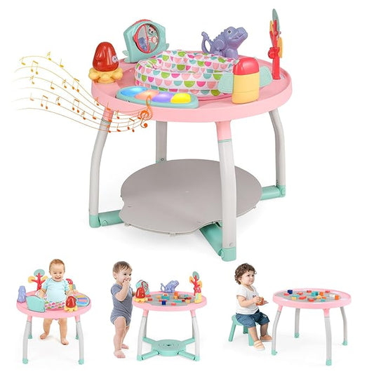BABY JOY 5 in 1 Baby Activity Center, Baby Jumpers and Bouncers with Removable Toys, Lights & Music, 3 Adjustable Heights, Interactive Play Center for Toddlers Boys Girls 6-36 Months (Pink)