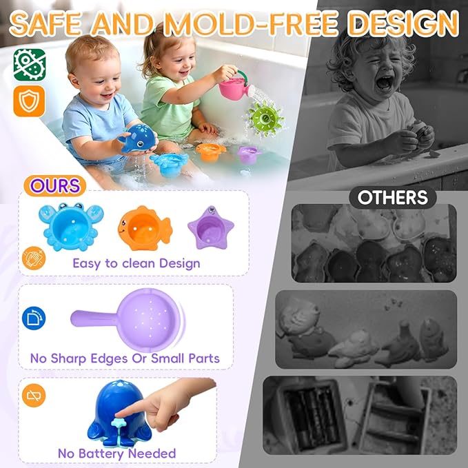 Mold Free Bath Toys | Easy Clean & Fun Baby Bath Toys for Kids Ages 1-3 | Watering Can Bath Cups Water Wheel Whale Bath Toy for Babies 12+ Months | Bathtub Pool Water Toys for 1+ Year Old Girl Gifts