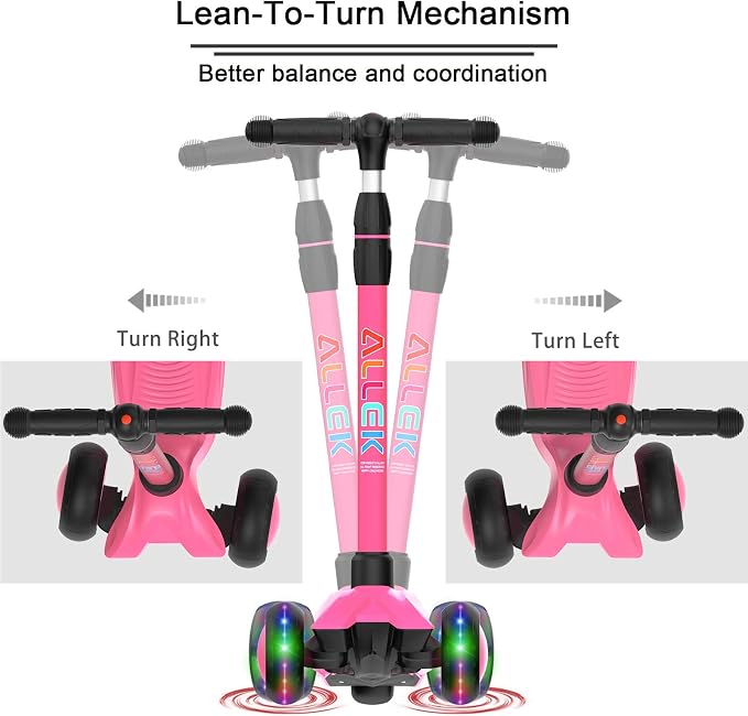 Allek Kick Scooter B03, Lean 'N Glide 3-Wheeled Push Scooter with Extra Wide PU Light-Up Wheels, Any Height Adjustable Handlebar and Strong Thick Deck for Children from 3-12yrs (Rose Pink)