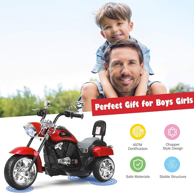 Costzon Kids Motorcycle, 6V Battery Powered Ride on Chopper Motorcycle w/Horn, Headlight, 3-Wheel Stable Ride on Toys, Electric Toddler Motorcycle for Kids Boys Girls Gift (Red)