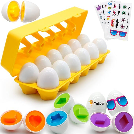 MOONTOY Matching Eggs for Toddlers 2-4, 12PCS Preschool Educational Learning Color & Shape Sorter Sensory Montessori Toy Toddler Easter Eggs Basket Stuffers Gift for 18M+ Year Old Kid Baby Boy Girl