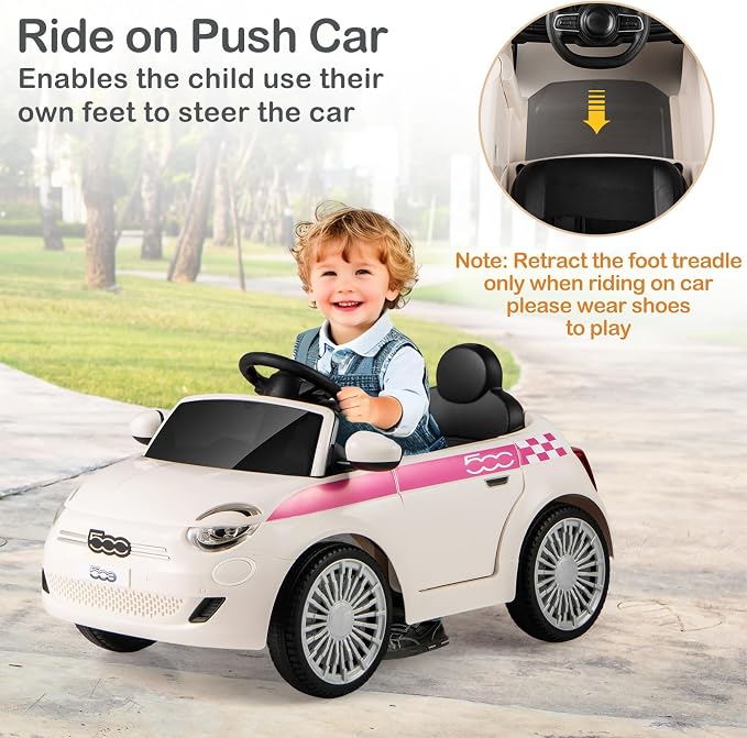Licensed Fiat 500 Ride on Push Car by INFANS, 3 in 1 Baby Stroller Sliding Walking Car with Retractable Footrest, Parent Control Handle, Horn, Foot-to-Floor Toys for Kids Toddlers 18 Month+ (White)