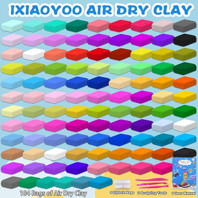 Ixiaoyoo Air Dry Clay for Kids, 104 Colors DIY Magic Modeling Clay Kit, Arts & Crafts Modelling Toys with Sculpting Tools, Soft & Non-Sticky, School Projects, Birthday Gifts for Boys & Girls Aged 3–12