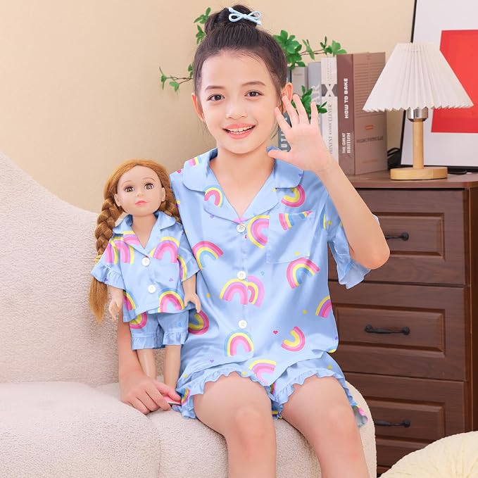 ICOSY Matching Doll & Girls Silk Pajamas Satin Pjs for Girls Button-Down Top and Shorts for 18" Doll Girl Clothes