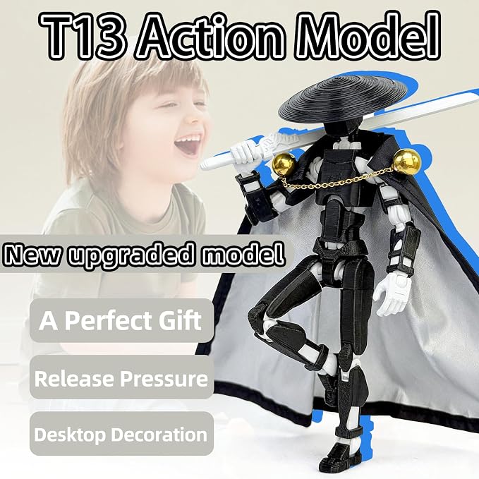 T13 Assembly Completed Action Figures,T-13 Action Figure, Robo 13 3D Printed Action Figure - The Ultimate Hero for Action-Packed Playtime,5.2 Inch, Black White