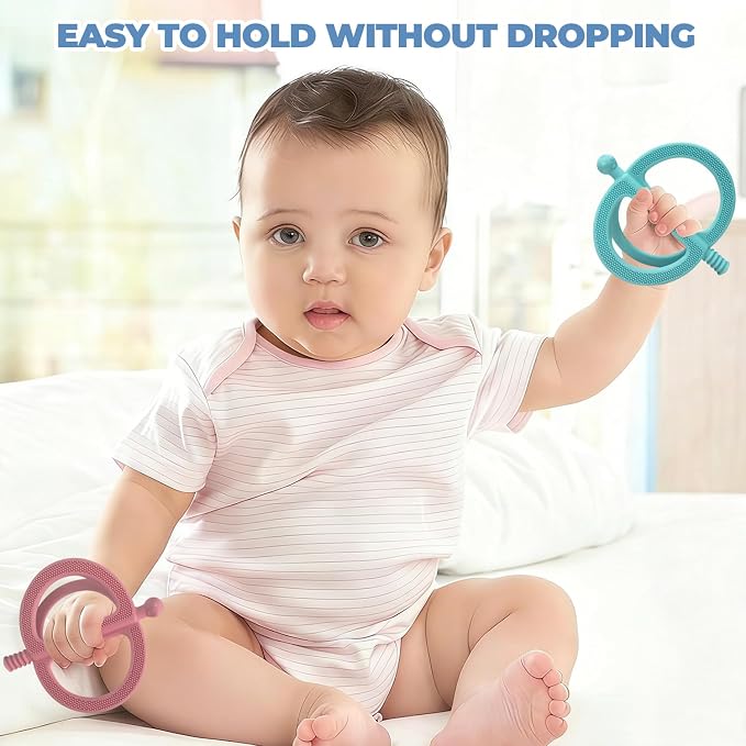 SOLIFEGOBLE 2-Pack Silicone Baby Teething Rings - Easy-Grip Chew Toys with Textured Surfaces, BPA-Free Teethers for Infants 3-12 Months (Light Green+Light Pink)