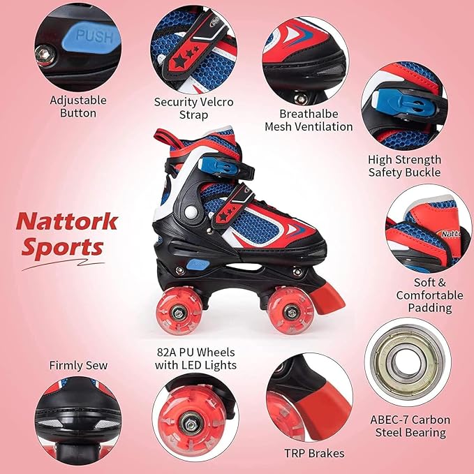 Nattork Kids Roller Skates for Boys Girls Kids, 4 Sizes Adjustable Quad Skates with All Light up Wheels - Birthday Gift for Indoor Outdoor Sports