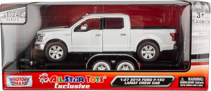 Motormax 2019 Ford F-150 Lariat Crew Cab Pickup Truck with a Car Hauler, Truck & Tow Trailer Combo - 1/27 Scale Diecast Model, White, All Star Toys Exclusive 79363/76001