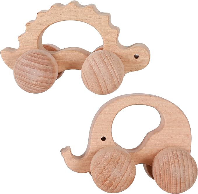 Wooden Toys Cars (2 Pack) for Toddler Montessori Inspired Teething Push Toys Exercise Baby's Grip Ability