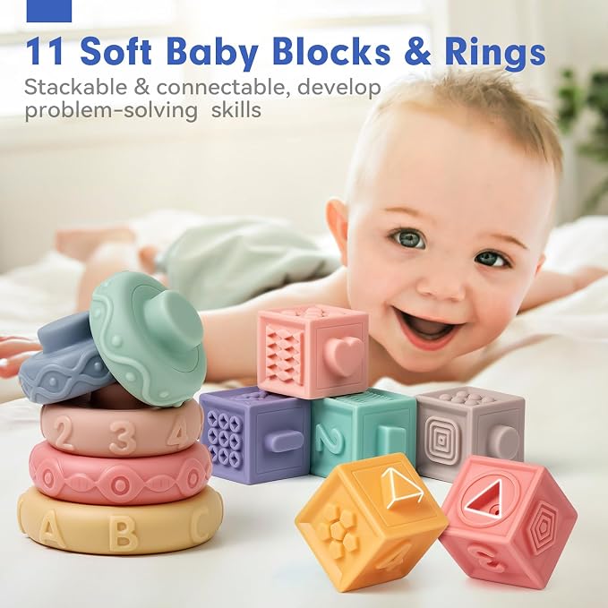 Baby Sensory Teething Toys Set, Montessori Baby Toys 6-12 Months, Incl Newborn Rattle Teether & Baby Blocks & Soft Stacking Rings, Ideal Babies Boy Girl Gifts, Infant Toys 0-3-6-9-12-18 Month