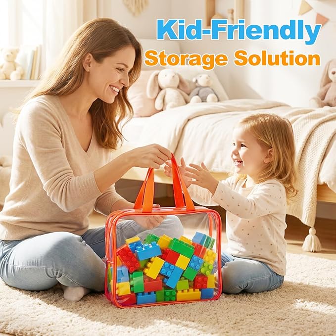 Toy Storage Bags, Large capacity Toy Organizers and Storage, Plastic Waterproof Zip Pouches with Labels for Lego, Puzzle, Building Blocks, Board Game, Magnatiles Organizer, Clear Toiletry Bag (4)