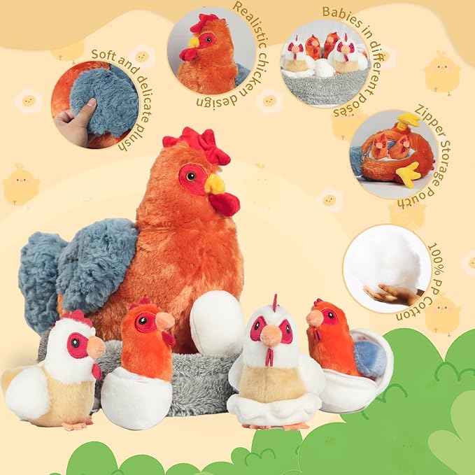 9 in 1 Chicken Stuffed Animal Set, Stuffed Chicken Plush Toy for Kids Zippered Egg Laying Hen with Coop Baby Chicks and Eggs, Chickens Toys for Kids Girls Boys Christmas Birthday Gift