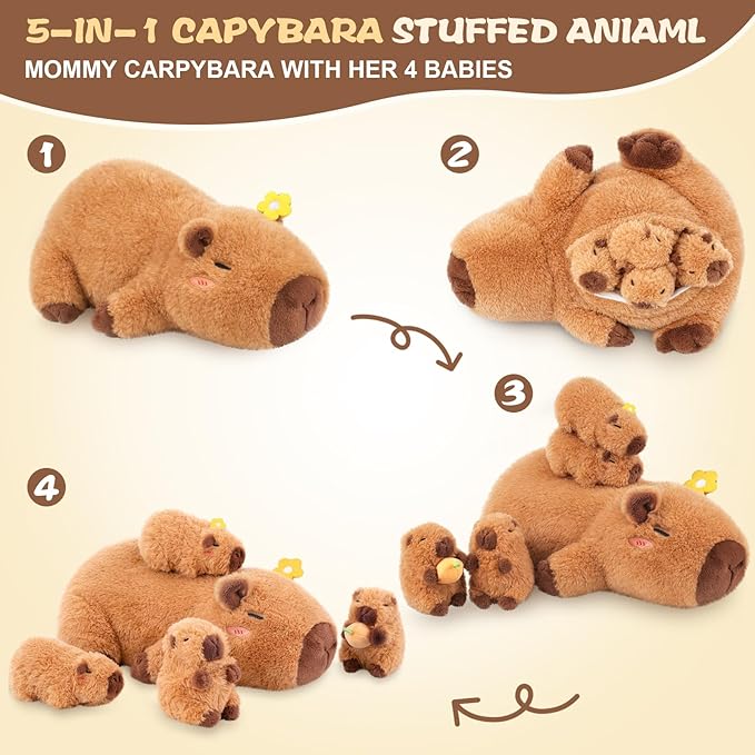 SuzziPals Flower Capybara Stuffed Animal with Babies Inside, 5PCS Capybara Plush Set with Mommy & 4 Baby Capybaras, Soft Plush for Bedroom Decor, Birthday Easter Gift for Kids & Capibara Lovers