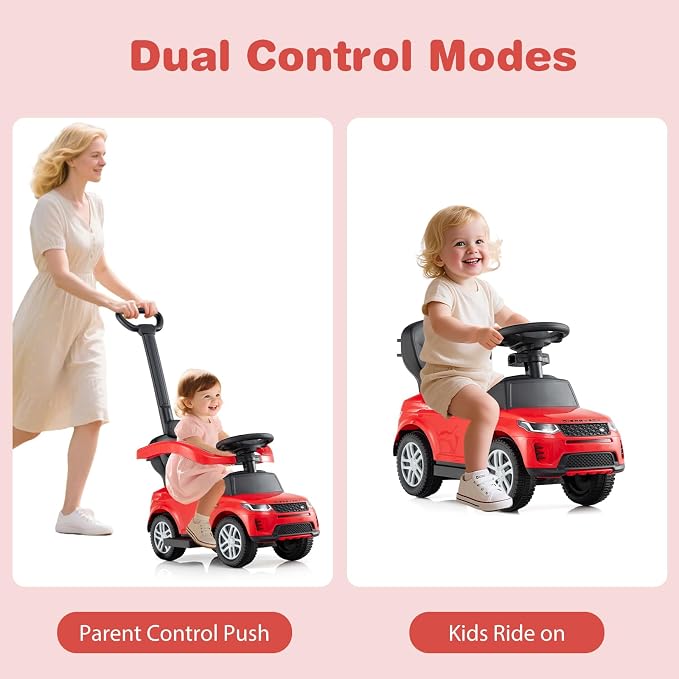 OLAKIDS Push Car for Toddlers, 3 in 1 Licensed Landrover Baby Ride on Toy with Parent Control Handle Safe Guardrails, Kids Sliding Walker with Under Seat Storage Horn for Boys Girls (Ruby)
